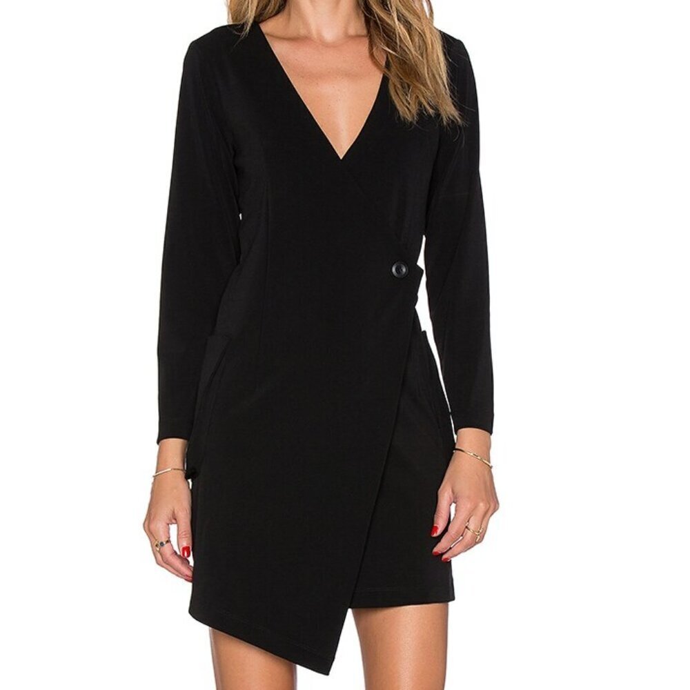 MLM Label Black Long-Sleeve Asymmetrical Hem Side Pockets Wrap Dress | Size M